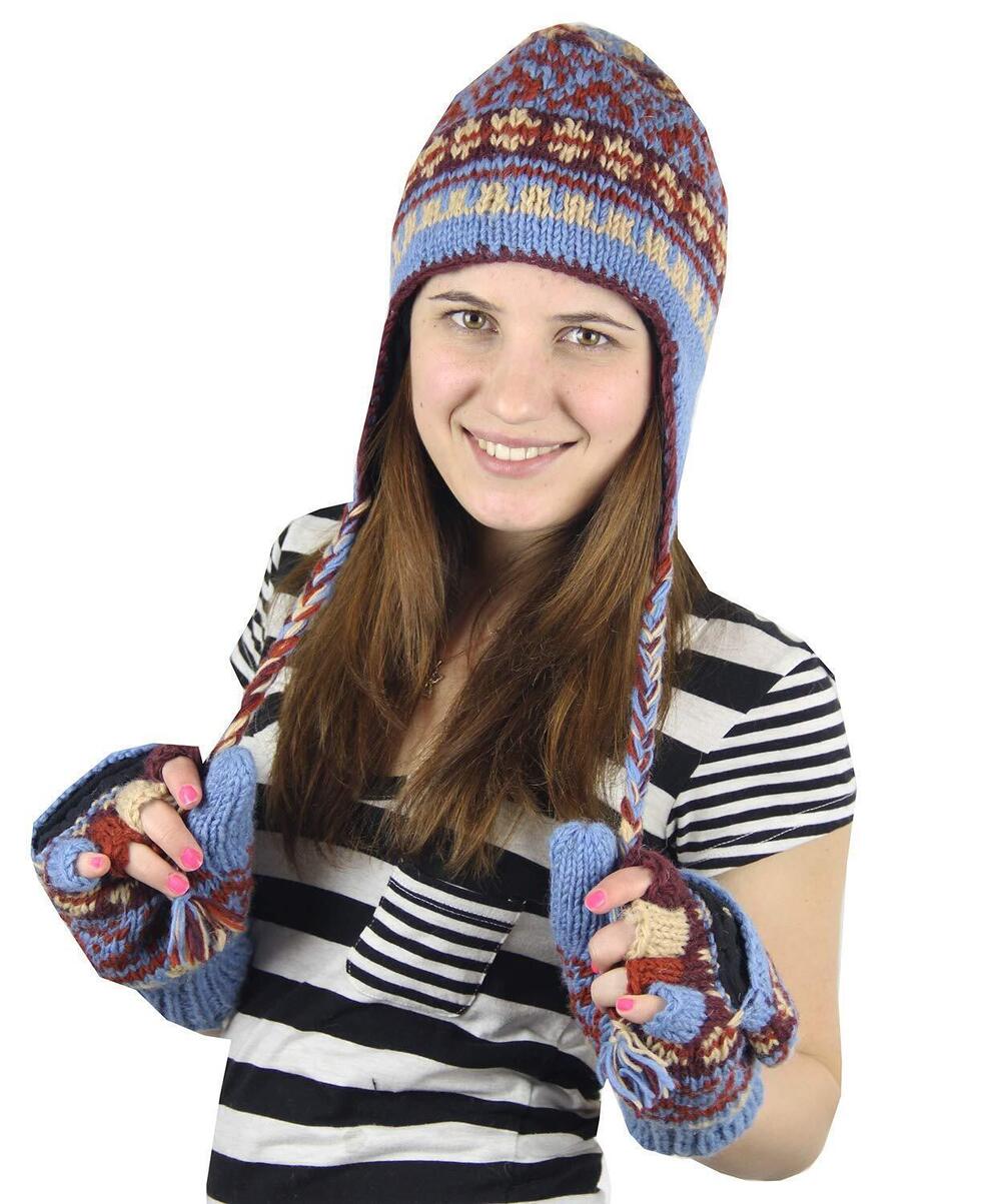 1463 Nepal Hand Knit Ear flaps Beanie Ski Wool Hat & Glove Mitten Set BLUE